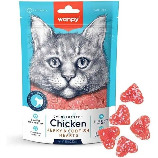 تشویقی گربه ونپی با طعم مرغ و ماهی کاد مدل قلبی Chicken Jerky & Codfish Hearts وزن 80 گرم