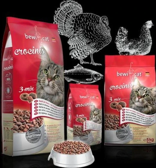 غذای خشک گربه bewi cat مدل 3mix  بیوی کت کروسینیس باطعم بوقلمون ومرغ و ماهی مخصوص گربه های بالغ [ دربسته بندی پلمپ واورجینال]