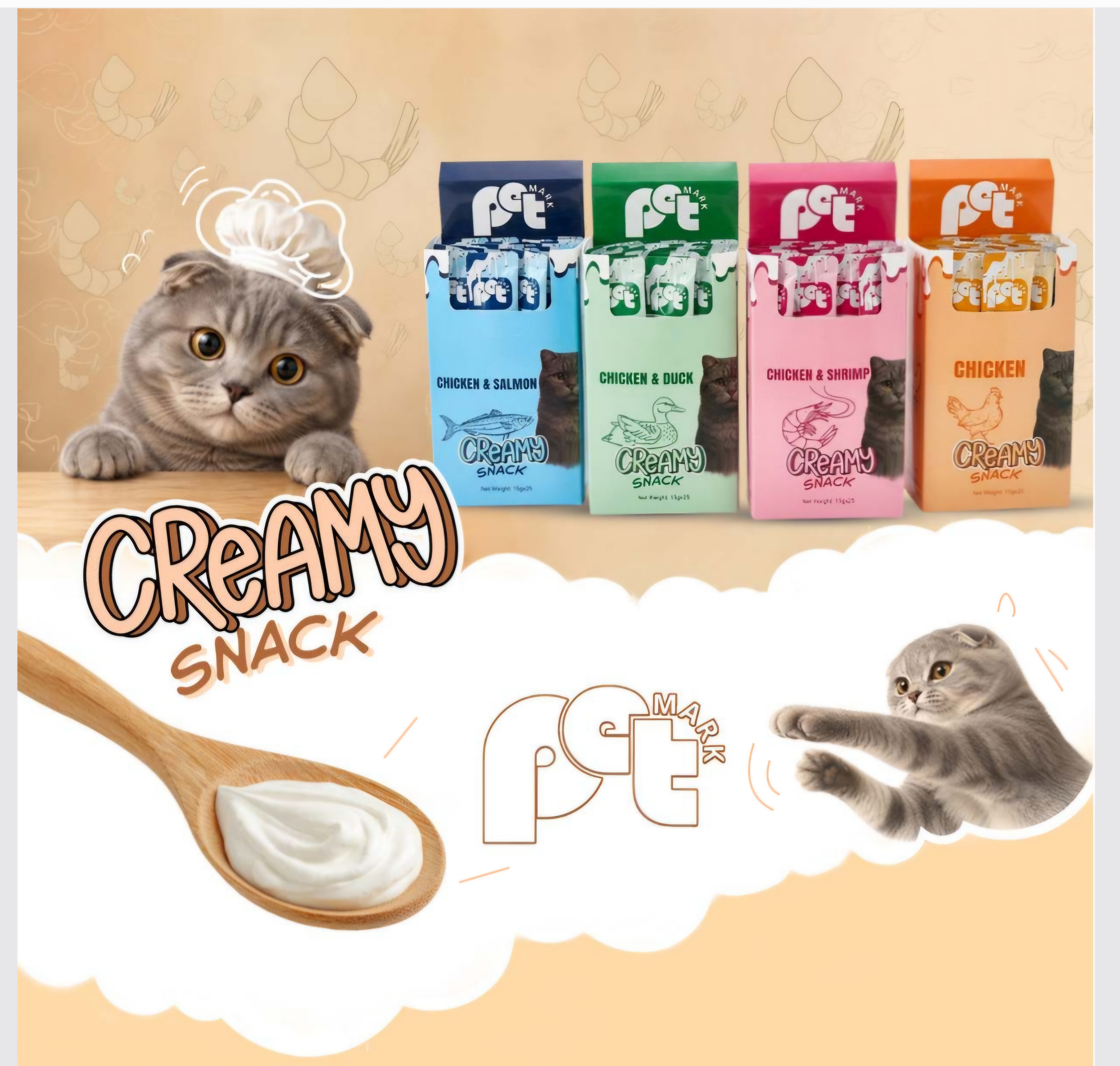 بستنی گربه پت مارک pet mark در چهار طعم بسیار جذاب( مرغ و میگو / مرغ/مرغ و سالمون/مرغ و اردک) پک های ۲۵ عددی